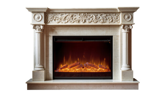 Isolated elegant marble fireplace mantel with carved details and a glowing electric insert