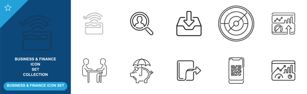 Business and finance line icons set including qr code payment financial graph piggy bank.