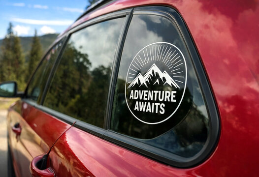 Red car window decal with mountain design and adventure awaits text on scenic road trip