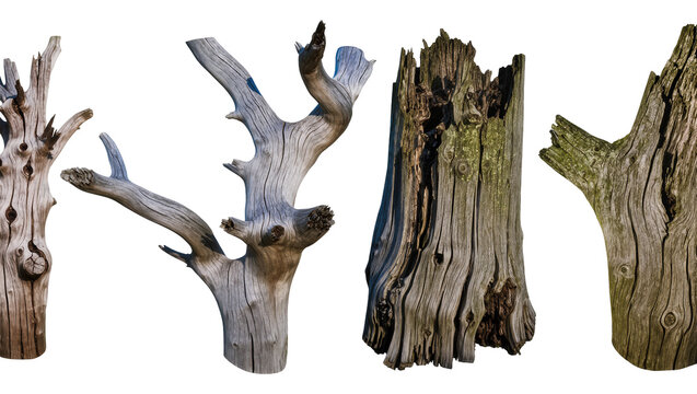 Isolated dry weathered wood stumps and broken branches showing natural cracks and rough texture.