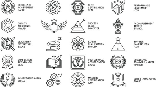 Quality Certification and Achievement Badge Line Icons Set for Business Excellence and Professional Standards