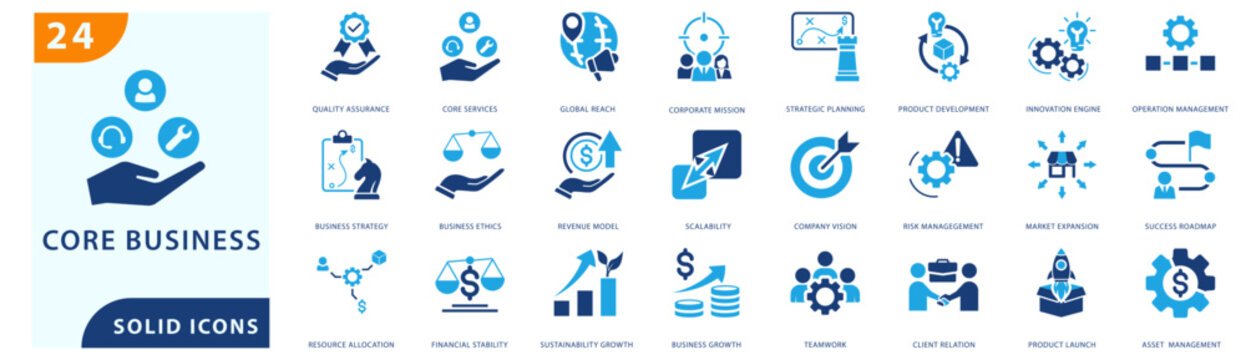 core business solid icon set. featuring quality assurance, core services, global reach, corporate mission, strategic planning, and other