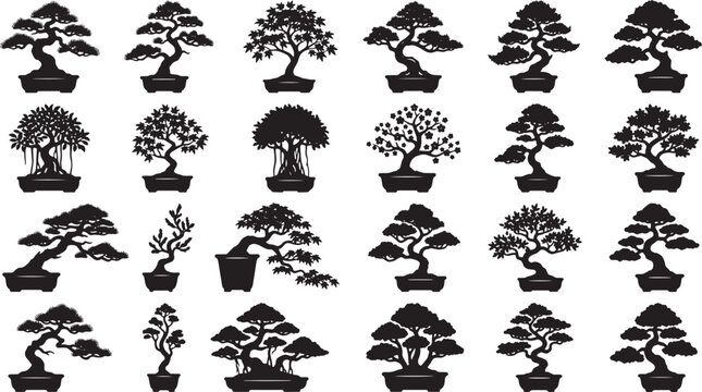 Collection of bonsai trees in black and white vector style