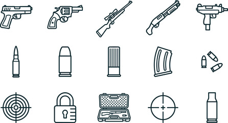 Firearms and Shooting Sports Line Icons Collection Featuring Pistols, Rifle, Shotgun, Ammunition, Target, Magazine, and Weapon Equipment Vector Set © Danial