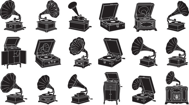 Vintage gramophones and record players illustration collection