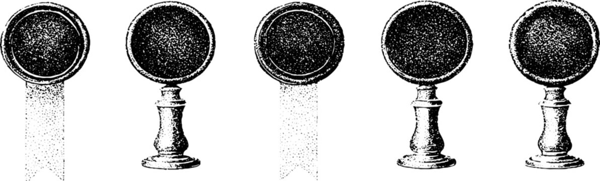 Set of vintage pedestal seals on stands with circular medallions for certificate embossing and award design elements