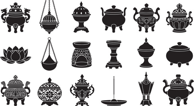 Assorted vintage incense burners and censers collection illustration
