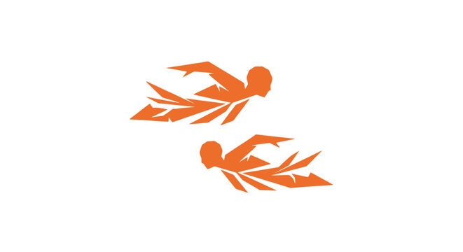 Two orange stylized fish swimming in opposite directions.