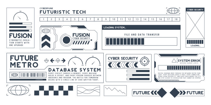 Futuristic digital user interface elements and data visualization dashboard panels