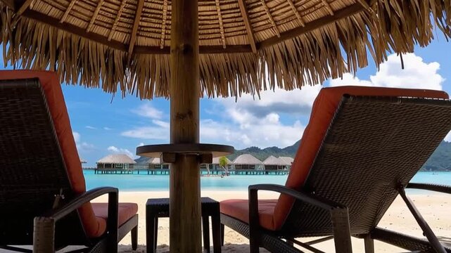 Bora Bora Island, French Polynesia. Chair and lounge chair in the shade of a tree.