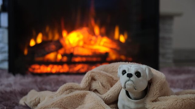 Cute dog toy with shaking head under a wrapping blanket close to fireplace. Its worried eyes tell a silent story of discomfort, energy poverty and household hardship. Cost of Living
