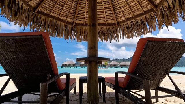Bora Bora Island, French Polynesia. Chair and lounge chair in the shade of a tree.
