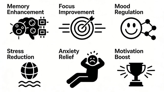 Design multiple flattened icons related to brain emotions, representing concepts of cognitive upgrading, emotional regulation, and daily psychological stress reduction
