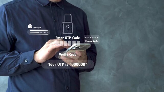 Business user entering a one-time password on a smartphone with digital security interface, illustrating mobile authentication, secure login, identity protection, and online verification.
