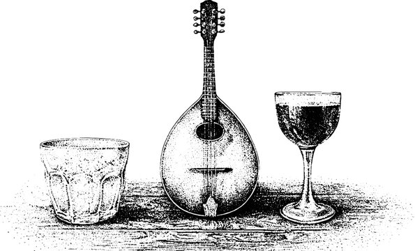 Black and white stippled mandolin with drinking glasses on a tavern table background for vintage music poster and packaging design