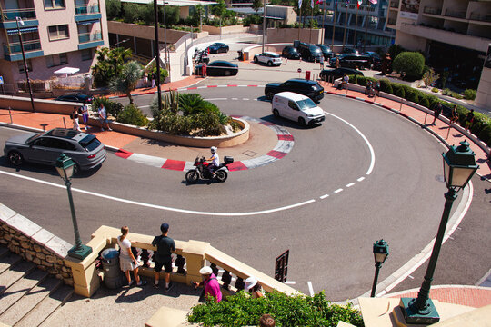 new, beautiful and modern buildings in the fashionable city of Monte Carlo on the Cote d'Azur in Monaco. the famous curve in Monte Carlo where the Formula 1 race is held