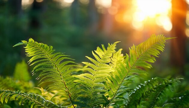 Detalle De Hojas Verdes De Helecho O Vegetacion De Sotobosque En El Bosque Naturaleza Ecologia Y Frescura Con Luz Del Sol De Atardecer En El Fondo