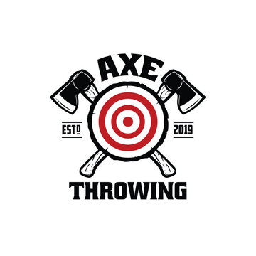 Crossed Axes with Target Logo Emblem. Premium Axe Throwing Club Logo Template Vector