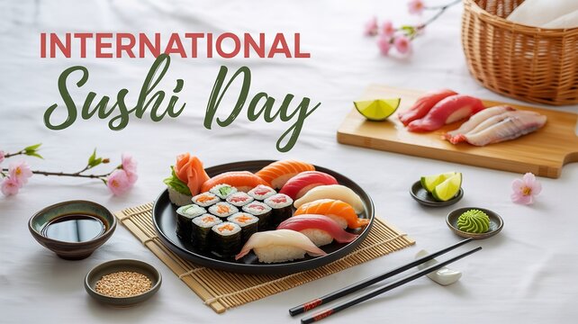 Beautifully arranged sushi platter with nigiri and maki rolls celebrating international sushi day in traditional Japanese cuisine