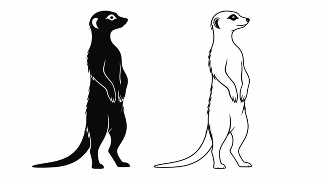 Meerkat silhouettes standing alert in black and white line art, animal graphics