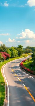 A tranquil road junction with lush greenery and vibrant flowers amidst a cloudless sky, greenery, suzhou