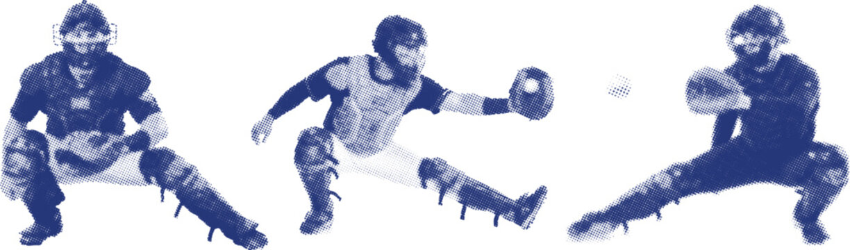Baseball catcher crouching and squatting action poses in dark blue halftone dot pattern style, male athlete wearing full protective gear chest protector shin guards and helmet vector