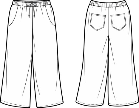 Technical flat sketch of women wide leg lounge pants featuring elastic drawstring waistband and back patch pockets vector apparel design template 