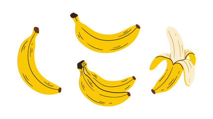 Minimalist hand-drawn banana bunch and peeled fruit. © yanto