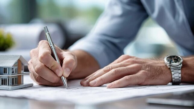 An architect draws a house plan next to a miniature model. A close-up of the architect's hands as he sits at a table, creating a house plan. Real estate project, design, construction.