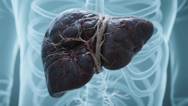 Medical graphic introducing cirrhosis, a severe progressive liver disease caused by long-term liver damage. Healthy liver tissue is replaced by hard scar tissue, triggering liver dysfunction, ascites 