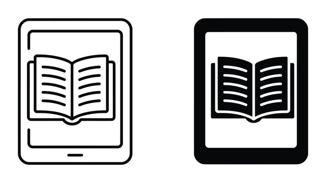 E-book reader or digital tablet with open book icon set in outline and solid black style for education apps and library website user interface isolated on a clean white background vector