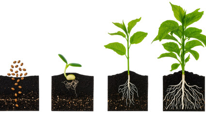 Isolated progression of plant life from seed germination to mature young sprout with roots © Gabriel