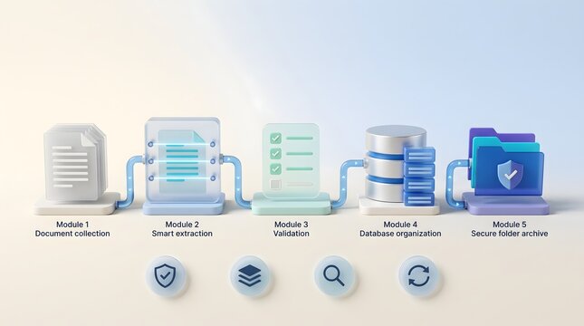 Modular software architecture workflow showing smart extraction validation and secure folder archiving