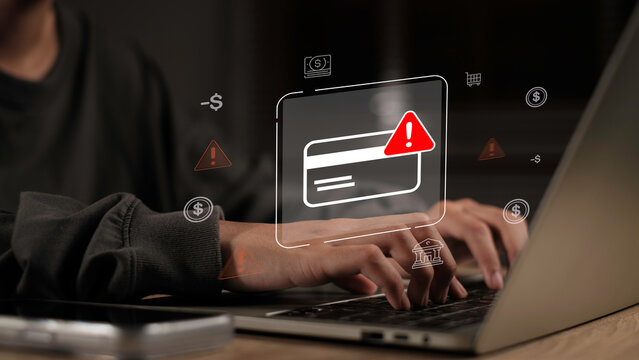 Online payment fraud protection concept with credit card security alert, digital banking risk detection, scam prevention, cybersecurity, secure transactions and financial data protection.