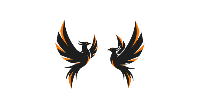 Symmetric Phoenix Birds with Fiery Orange and Black Wings.