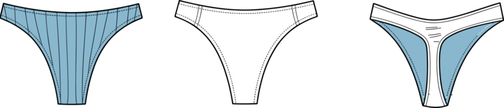 Art & IllustrationTechnical Vector Illustration of Women's Ribbed Bikini Bottoms and Thong Set Featuring High Leg Cut, V-Shape Waistline, Contrast Lining, and Front-Back Fashion Flat Sketches