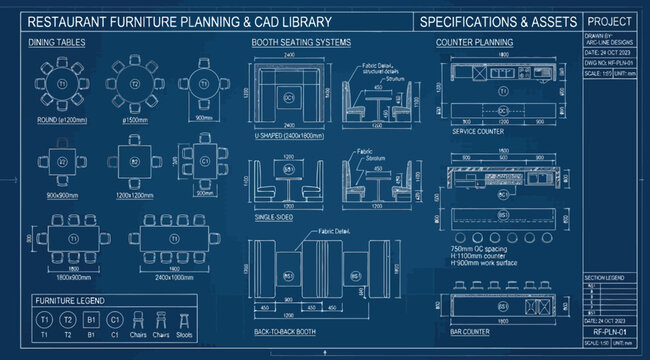 Restaurant furniture planning and cad library specifications and assets blueprint