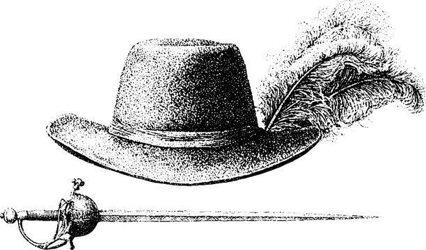 Feathered hat with plume and rapier stipple illustration in black and white for period fashion reference and costume design background
