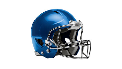 Isolated modern blue American football helmet with shiny chrome face mask and protective gear. © Gabriel