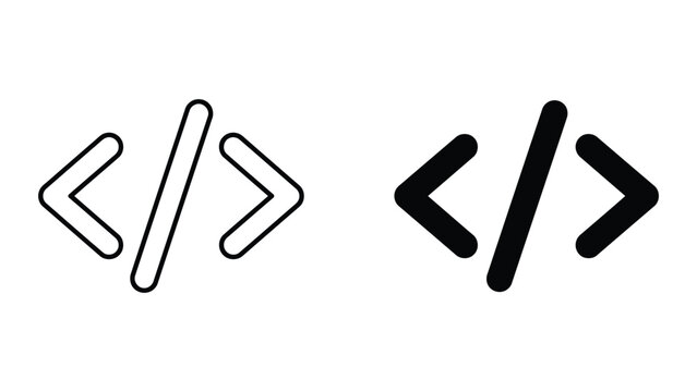 Code brackets icon set representing programming development and software engineering syntax in clean black and white vector graphic style for technology and web development user interface