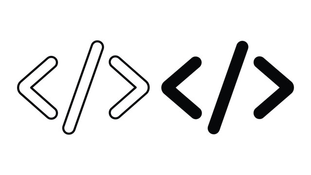 Code brackets icon set representing programming development and software engineering syntax in clean black and white vector graphic style for technology and web development user interface