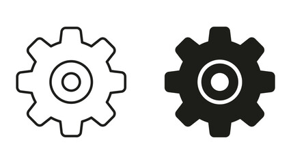 Mechanical gear cog icon set representing industrial engineering and technical settings or configuration for web and app software interface in both outline and solid black graphic vector design style © SAIJID