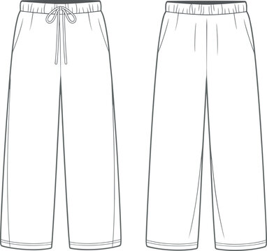 Technical flat sketch of women's straight leg lounge pants featuring an elastic drawstring waistband with front side pockets vector apparel design template for tech pack.
