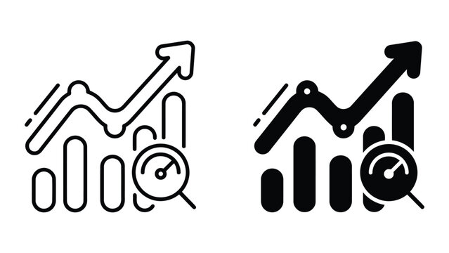 Performance analytics graph icon set featuring growth arrow and speedometer gauge for business data tracking and success measurement in both outline and solid black graphic vector style for dashboard
