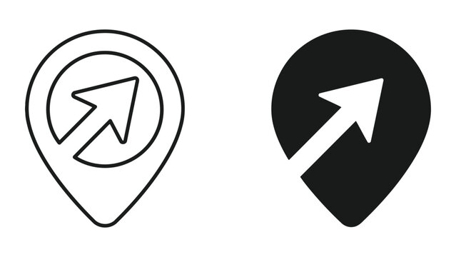 Location pin with diagonal arrow icon set featuring outline and solid vector design styles for navigation apps and digital maps isolated on white background for user interface development projects