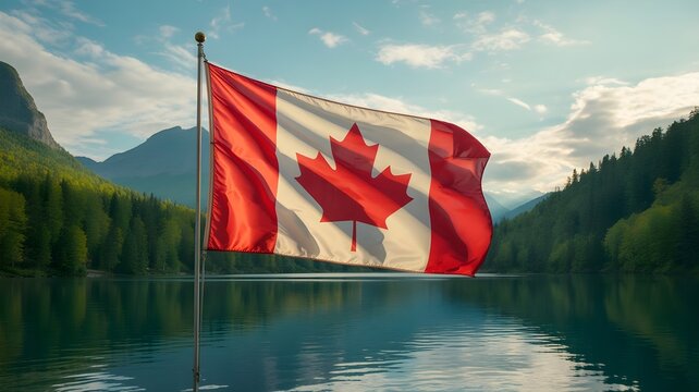 Canadian flag waving on civic holiday celebrating canada's national pride