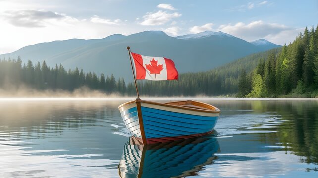 Civic holiday boat ride canadian flag on lake with mountain backdrop