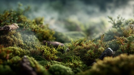 Fototapeta premium Lush green moss covered forest floor with soft mist and natural sunlight.