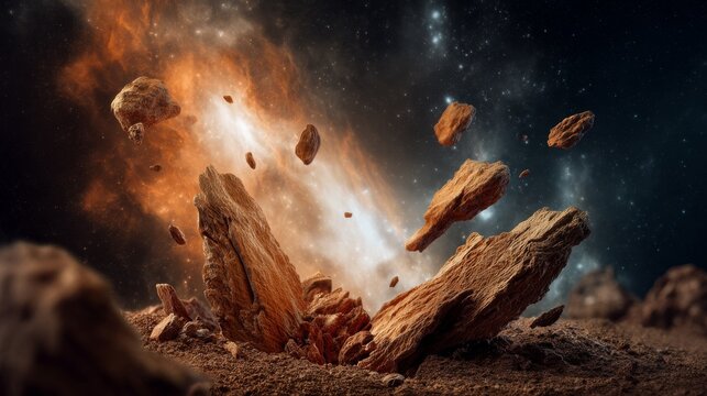 Dynamic cosmic explosion with floating rocks and vibrant colors in space.