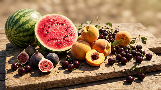 Abundance of peak summer fruits, natural unstaged arrangement, deep purple fig interior, soft peach fuzz, strong warm sunlight